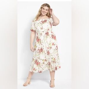 Lane Bryant White Midi Dress with Pink Floral Print